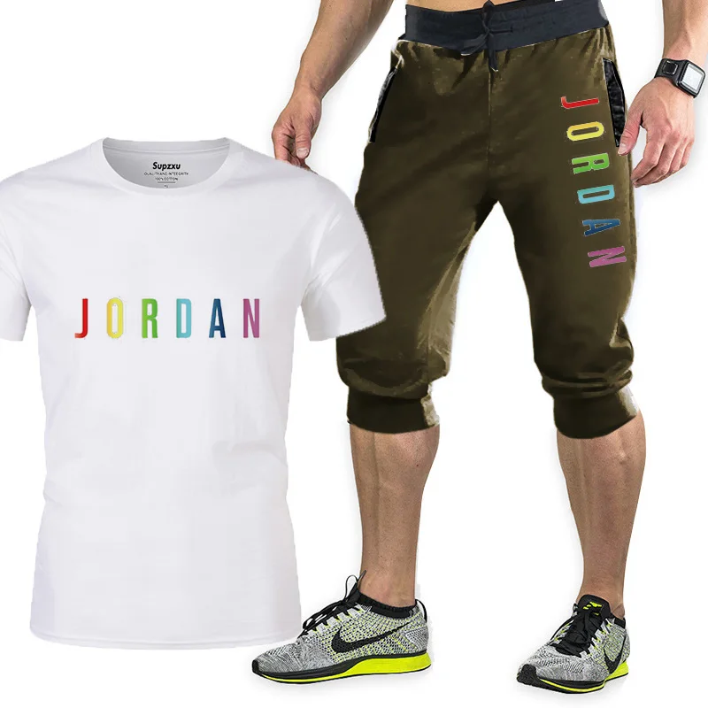 

2021 new T-shirt 2-piece sportswear printing men's short-sleeved + pants pullover sportswear suit casual sports men's clothes