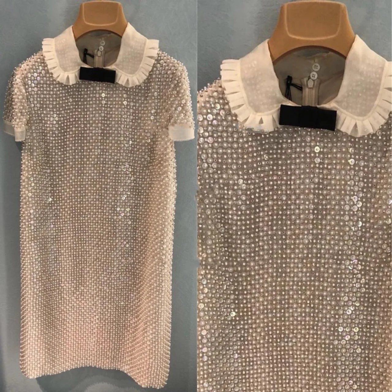 

Heavy work summer fashin French style sequined party dress women peter pan collar loose mid-length beaded short-sleeved dress