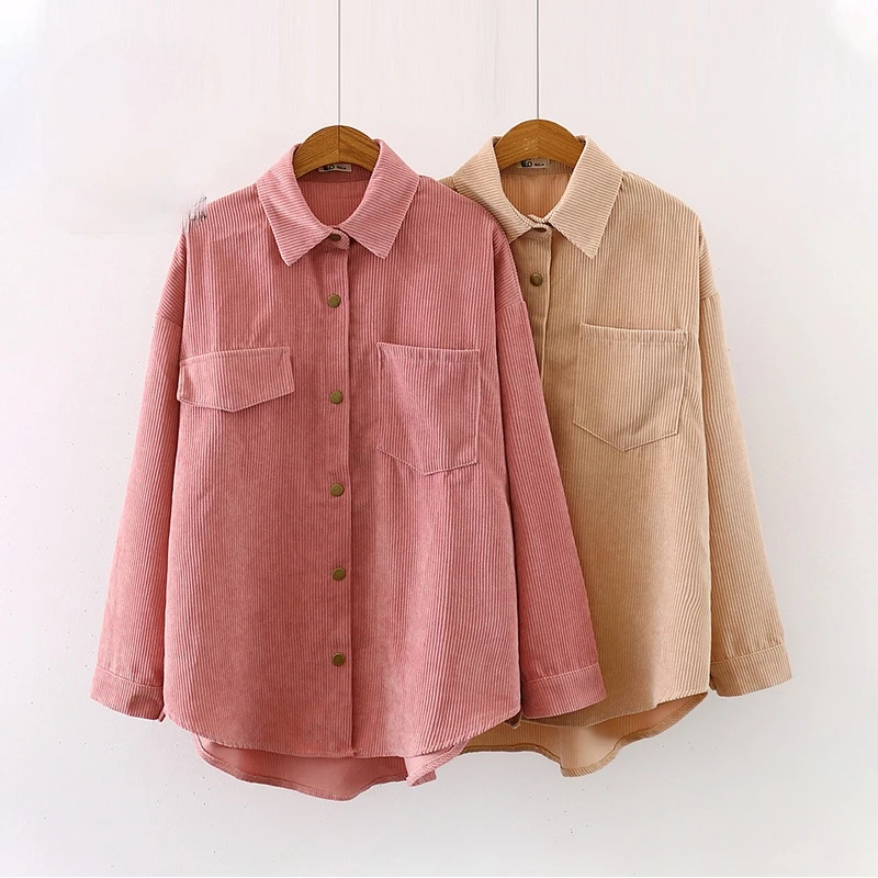 

New Women Solid Corduroy Batwing Sleeve Vintage Blouse Turn-Down Collar Loose Top Button Up Pink Shirt Feminina Blusa