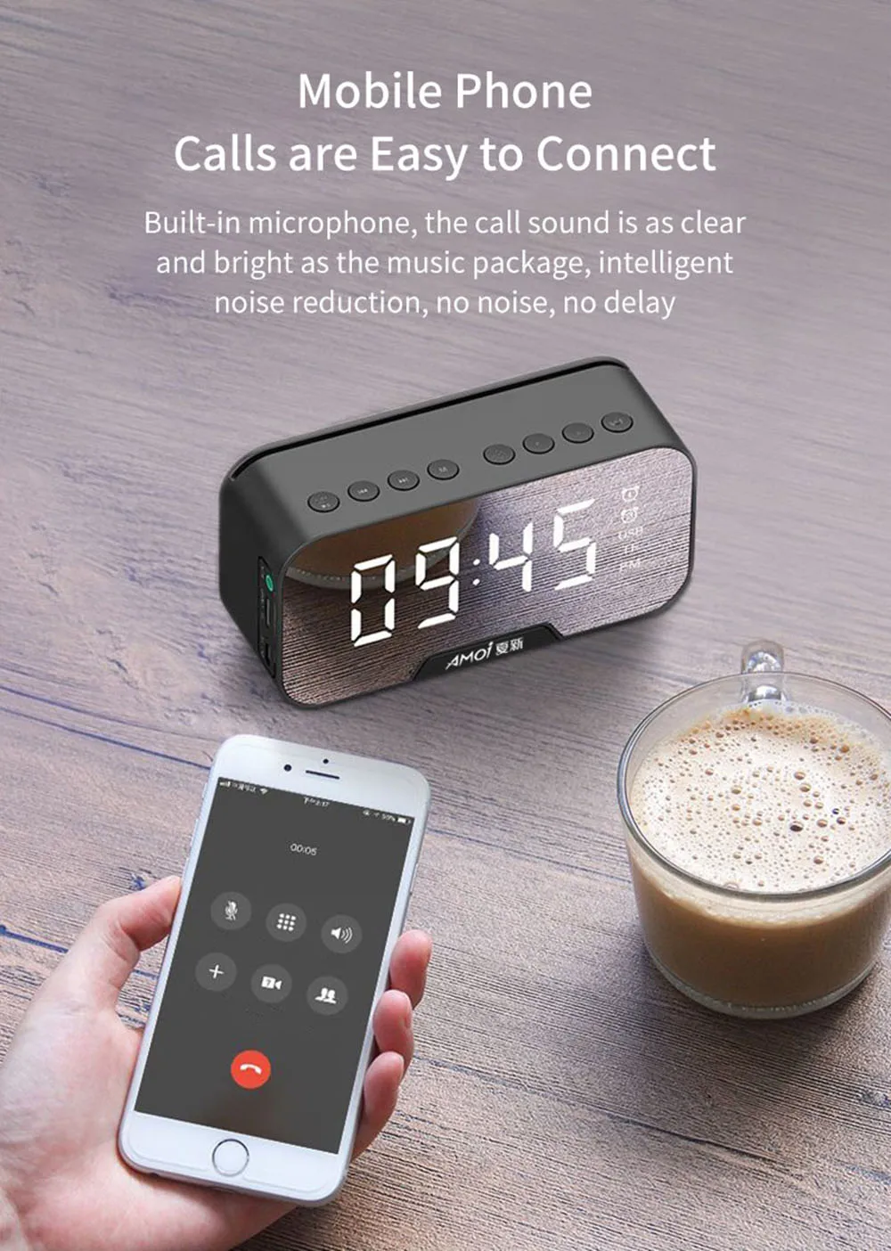 Беспроводная bluetooth-колонка, будильник, Многофункциональный сабвуфер, держатель для телефона, двойной будильник, температурный дисплей, настольные часы
