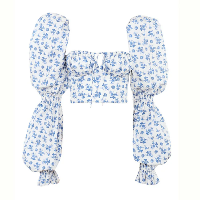

Spring And Summer Vintage Women's Sexy Shirt Fashion Floral Flared Sleeves Lacing Folds Short Crop Top Female Clothing