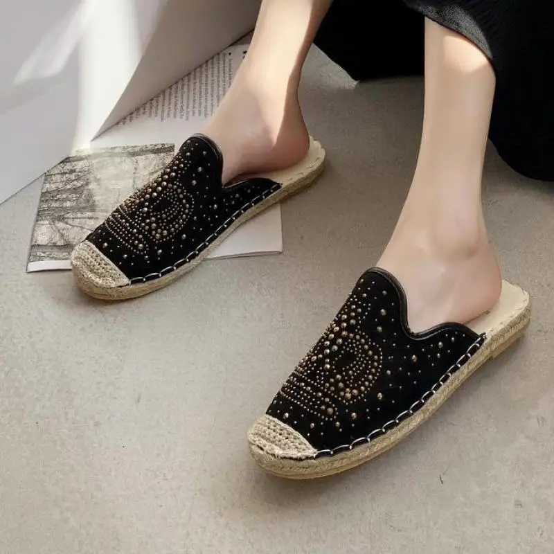 2021 Crystals Shoes Women Half Slippers Summer Pink Flat Heel Ventilation Hemp Round ToeMules Plus Big Size 41 42
