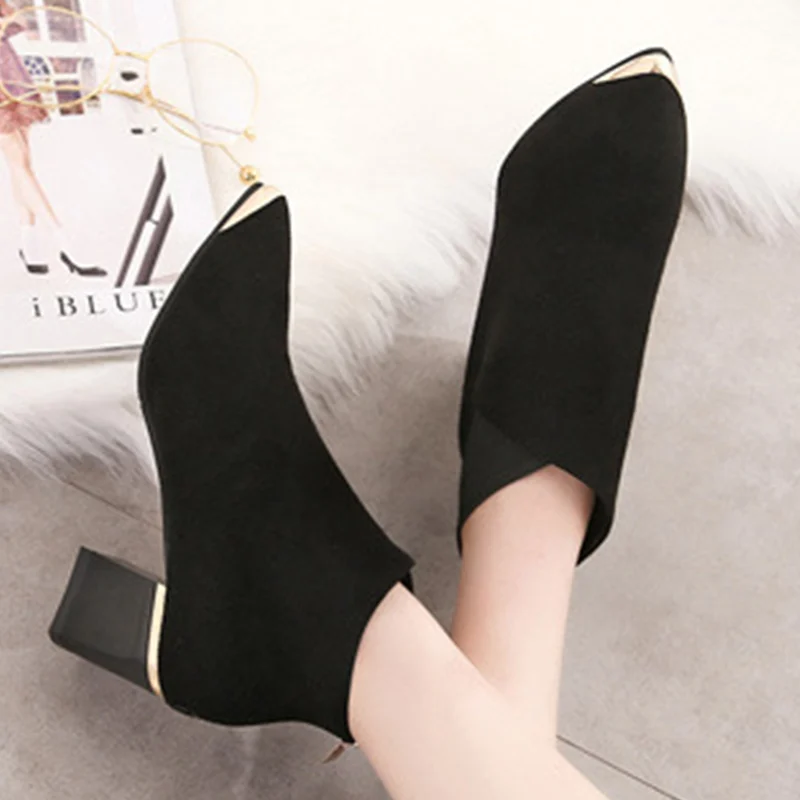 Women Chelsea Boots Women's Lace Up Woman Thick Heel Female Flock Mid Heels Steel Head Comfort Zip Shoes Ladies Pumps Plus Size | Обувь