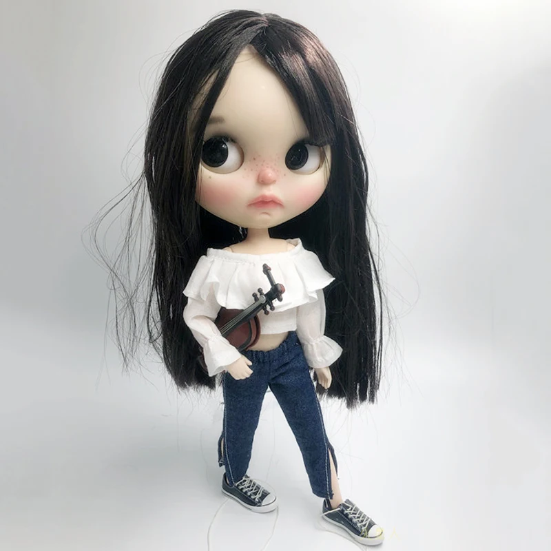 Одежда для куклы Blyth джинсы с разрезом + белая короткая рубашка 1/6 кукол