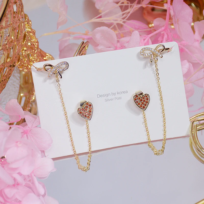 

Vintage Exquisite 14k Gold Jewelry Real Gold Bowknot Heart Earrings for Women Luxury AAA Zircon Stud S925 Silver Needle Hot Gift