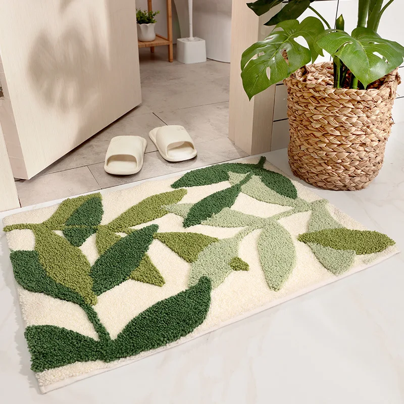 

Green Leaves Flocking Bath Mat Non-slip Absorbent Microfiber Bathroom Rug Home Entrance Door Mat Super Soft Bath Carpet