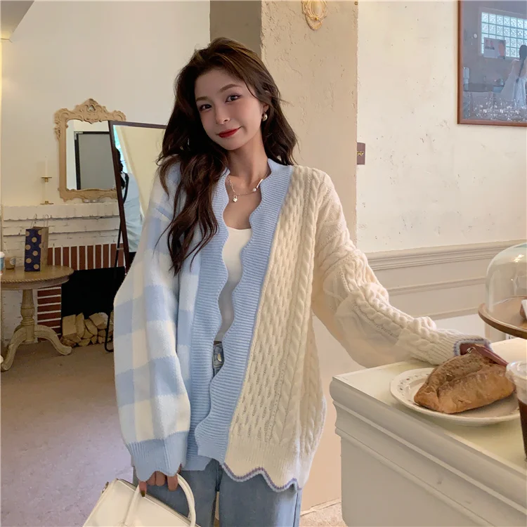 

Женский клетчатый свитер в стиле пэчворк, Осенний свободный уличный нежный кардиган в Корейском стиле бойфренда в стиле ретро, универсальн...