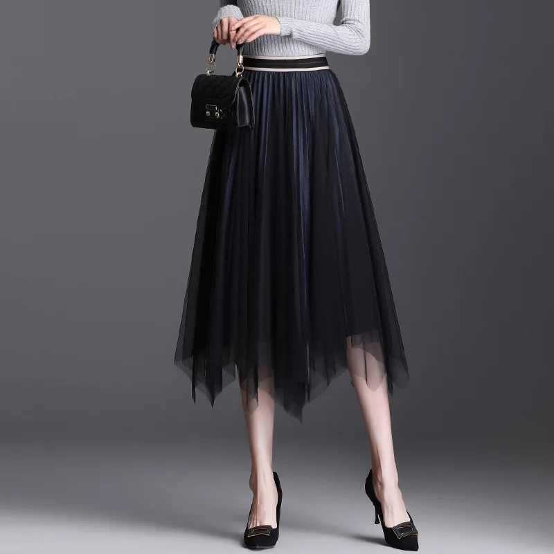 

Irregular Pleated Skirt for Women Autumn Winter High Waist Loose Korean Style Casual Mid-long Ladies Elegant Mesh Skirts