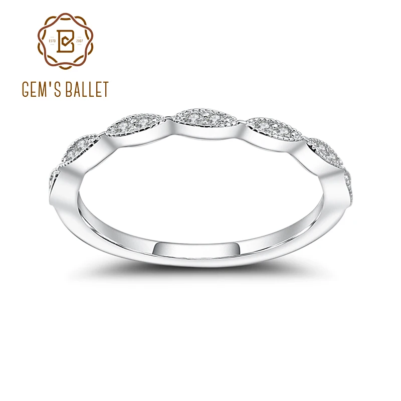 

GEM'S BALLET 0.08Ct 1.2mm EF color Moissanite Ring 925 Sterling Silver Half Eternity Art Deco Wedding Band For Women Jewelry