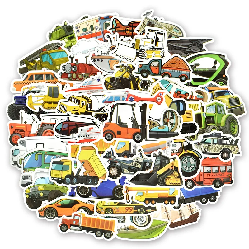 

50PCS Transportation Cartoon Sticker Toys For Boys Car Ship Aircraft Anime Sticker For DIY Kids Toys Room Learning Traffic Tool