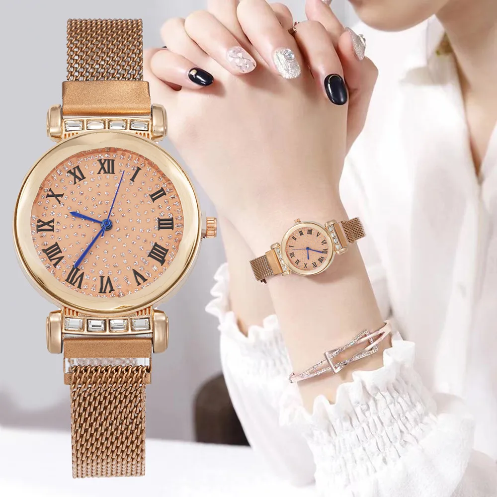 

Fashion Luxury Rhinestone Women Watches Casual Texture Dial Design Ladies Quartz Wristwatches Rose Gold Steel Mesh Strap Clock