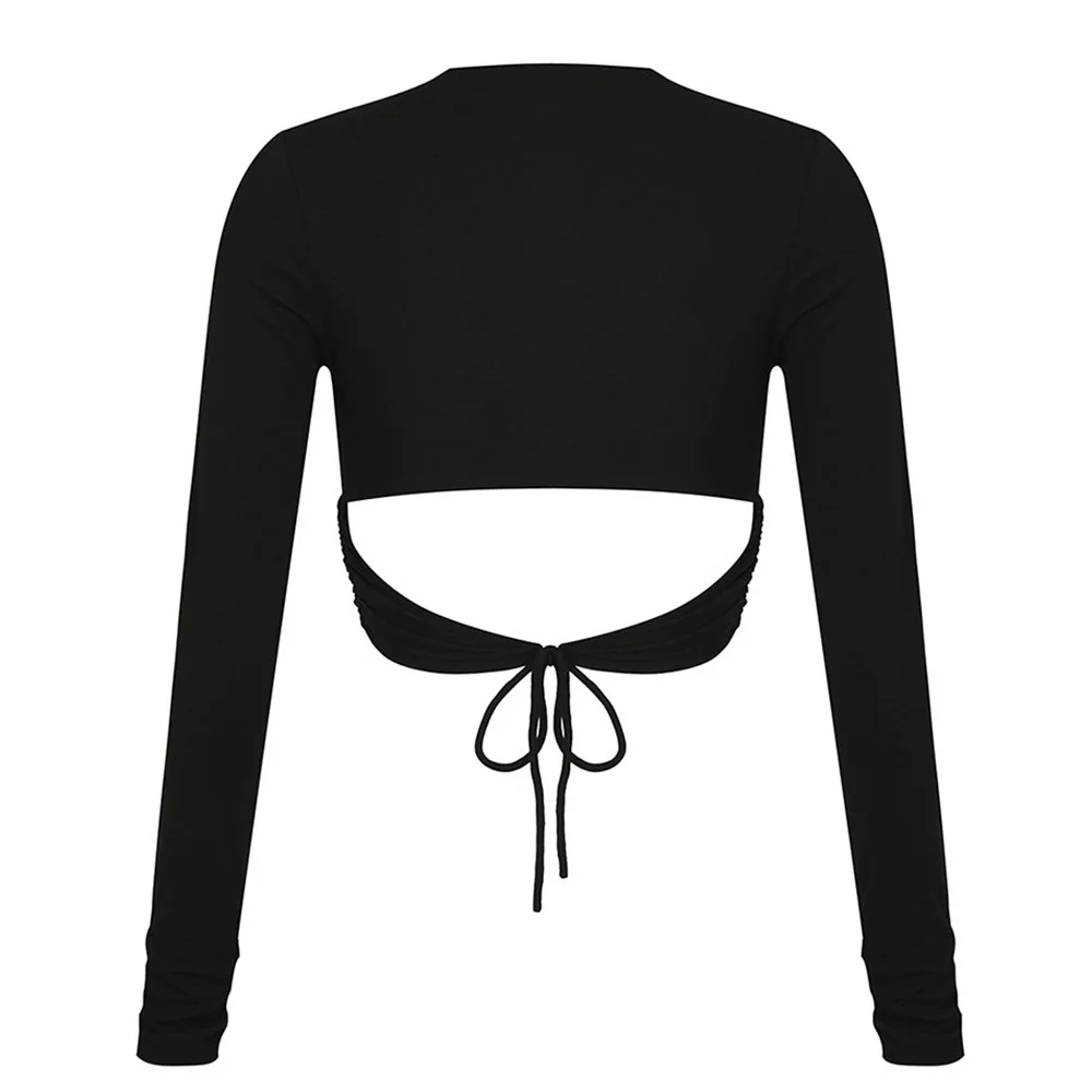 

Sexy Lace Open Back T-shirt O Neck Long Sleeve Cropped Tops Women Summer Casual Cotton Tops Fashion T Shirt 2021 Harajuku Black