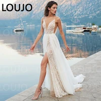 luojo boho beach wedding dresses spaghetti straps side split v neck lace backless wedding gowns bride dress vestido de novia