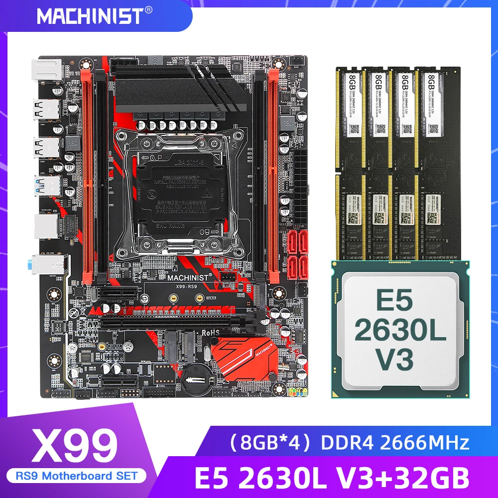 Günstig MASCHINIST X99 Desktop Motherboard LGA 2011-3 Set Kit Mit Xeon E5 2630L V3 Prozessor Und 32G(4*8G) DDR4 RAM Speicher M-ATX X99-RS9