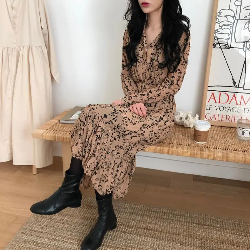 

Korean Floral Loose Chiffon Versatile Slim 2021 High Waist Chic All Match Stylish Casual Hot New Women's Dresses