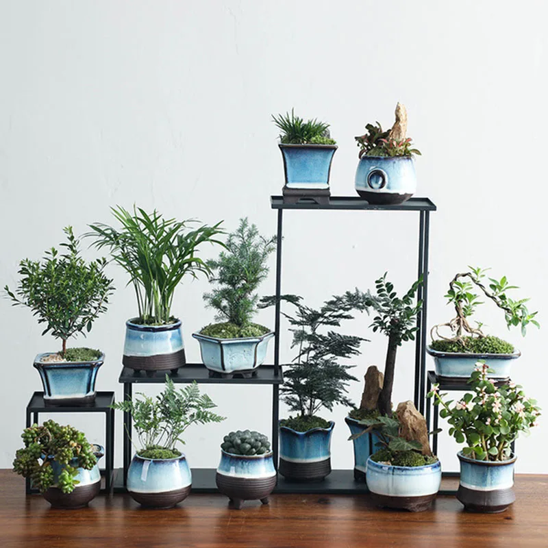 

Ceramic Flowerpot Tianmu Glaze Blue Bonsai Pot Only Vase without Plant Breathable Container for Office Balcony Garden Home Decor