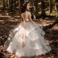 cap sleeved tiered flower girl dresses with bow sash elegant girl pageant dress with horsehair trim