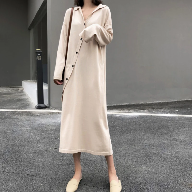 Шикарное вязаное платье в стиле ретро для французской девушки базовое с V