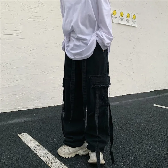 

Harajpoo Couple Pants 2021 Spring Autumn Korean INS Trendy Hip-Hop Retro Loose Straight Casual Wide-Leg Streamer Ripped Jeans