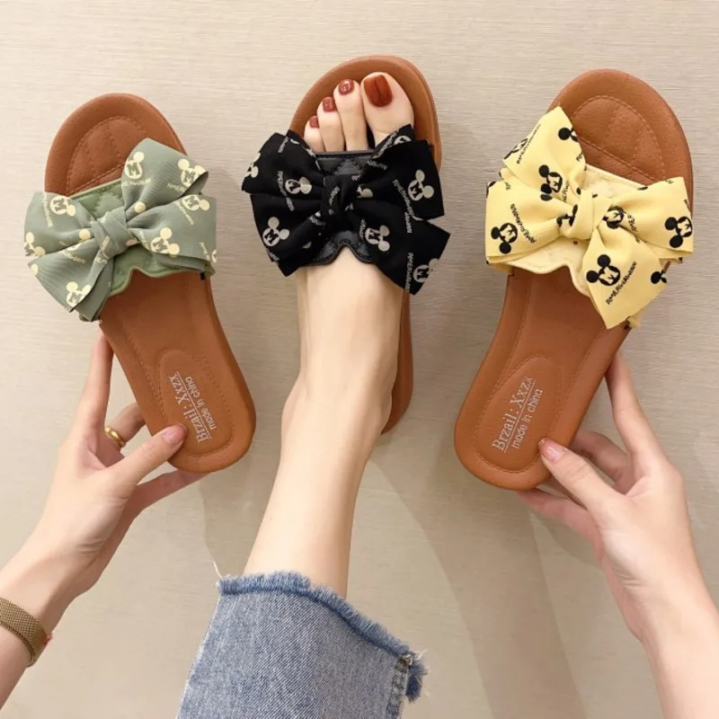 

2021 New Women's Sandals Bowknot Thick Bottom Fashion One Word Tape Women Slippers Summer Ladies Sweet Flat Heel Slides Shoes