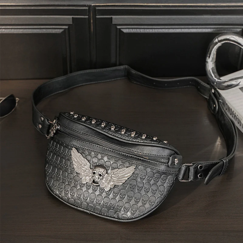 

Mihaivi Men Skull Chest Pack Fanny Bag Punk Rivet Waist Belt Bags Women PU Leather Shoulder Pouch Bag Casual Outdoor Sports Bags