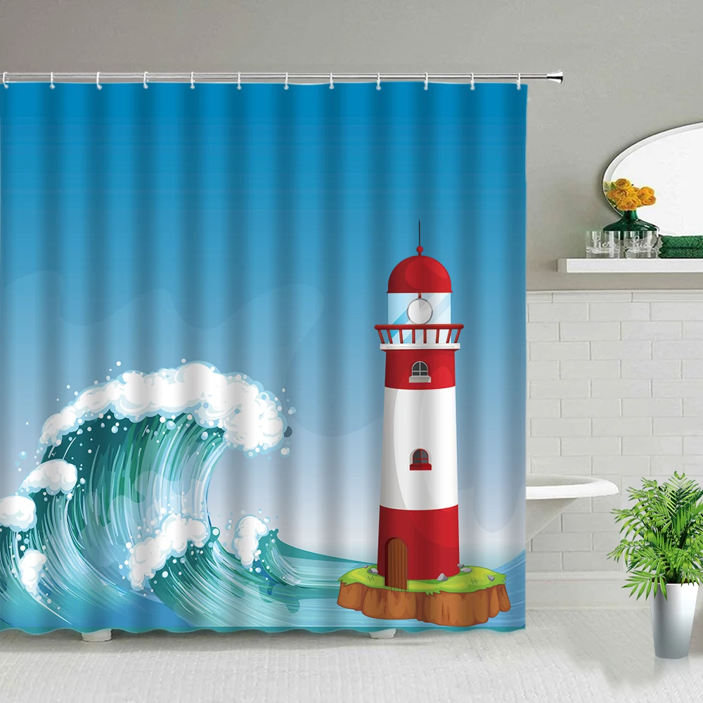 

Cartoon Ocean Scenery Lighthouse Waves Shower Curtain Bathroom Screen Sailboat Sea Navigation Landscape Cloth Curtains With Hook