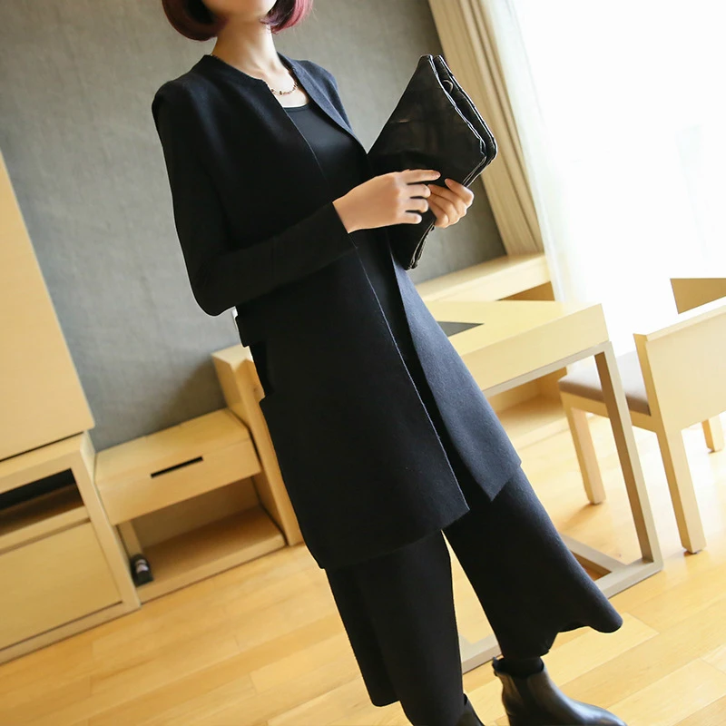 

Korean Style 2019 New Arrival Autumn Winter Two Piece Set for Women Sleevelss Tank Blouse and Wide Leg Pants Knitted 2 Piece