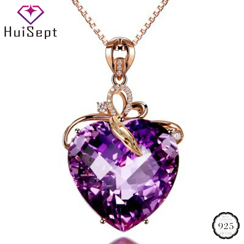 

HuiSept Elegant 925 Silver Jewelry Heart-shaped Amethyst Gemstones Pendant Necklace Female Ornaments for Wedding Party Wholesale