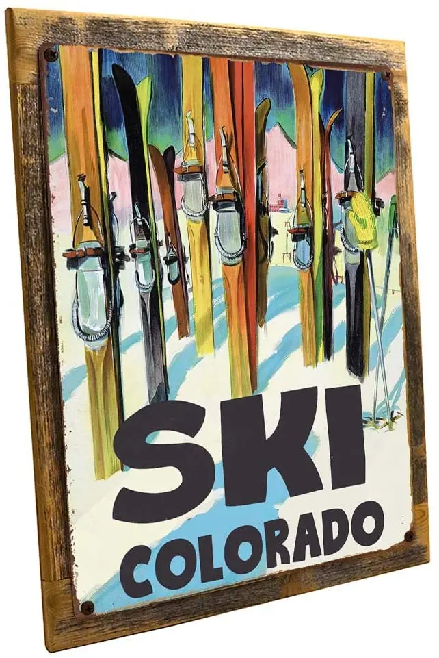 

OMSC WoodFramed Ski Colorado Metal Sign, Vintage Travel Postcard Highlighting Traditional American Destinations on Reclaimed, R