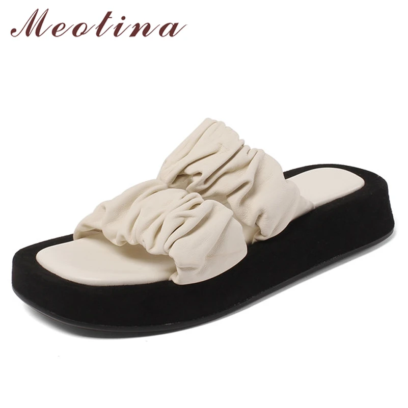 

Meotina Slippers Shoes Women Natural Genuine Leather Sandals Flat Platform Slides Square Toe Sheepskin Ladies Footwear Summer