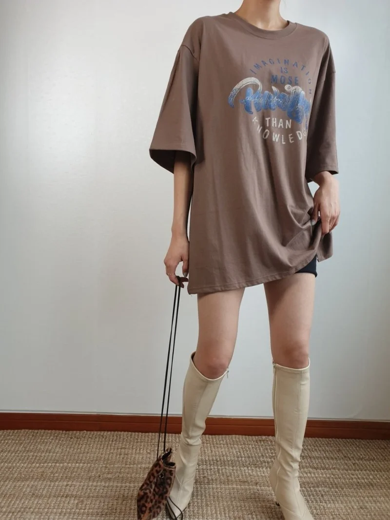 

Korejpaa Women T-shirt 2021 Summer Korean Fashion Chic Casual Round Neck Letter Printing Loose Wild Short Sleeve Women Tee Top