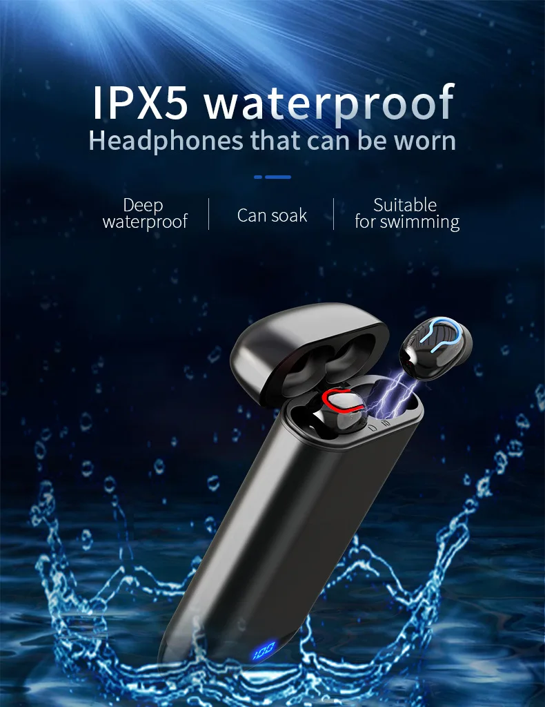

Q66 Wireless V5.0 Bluetooth Earphone HD Stereo Headphone Sports Waterproof Headset with Dual Mic and 6000mAh Battery Charge Case