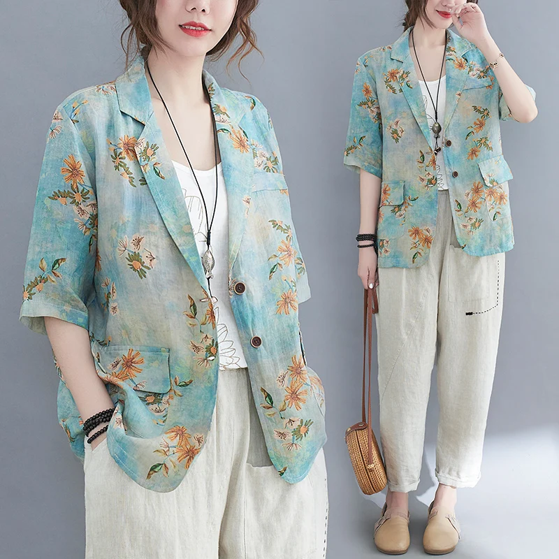 

2021 Stylish Short Sleeved Coat Sunscreen Top Outerwear Womens Summer Jacket Loose Plus Size Chic Printing Women Coats Chaqueta