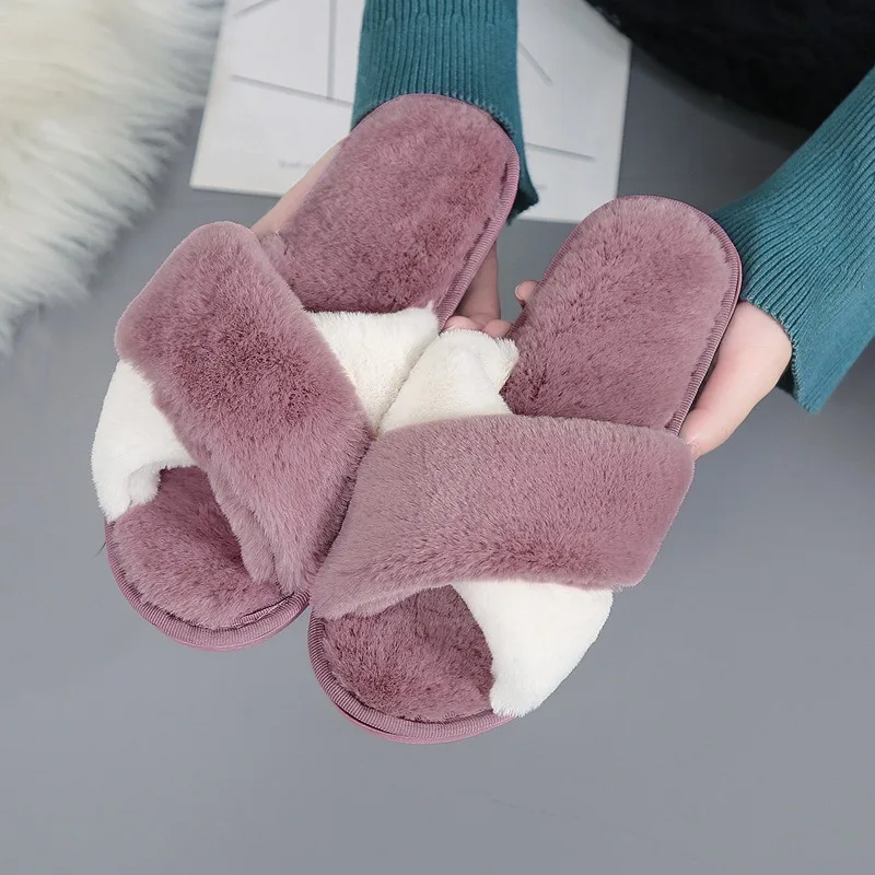 

Women Home Slippers Winter Warm Shoes Woman Slip On Flats Slides Female Faux Fur Slippers Wholesale Flip Flops Indoor Slides