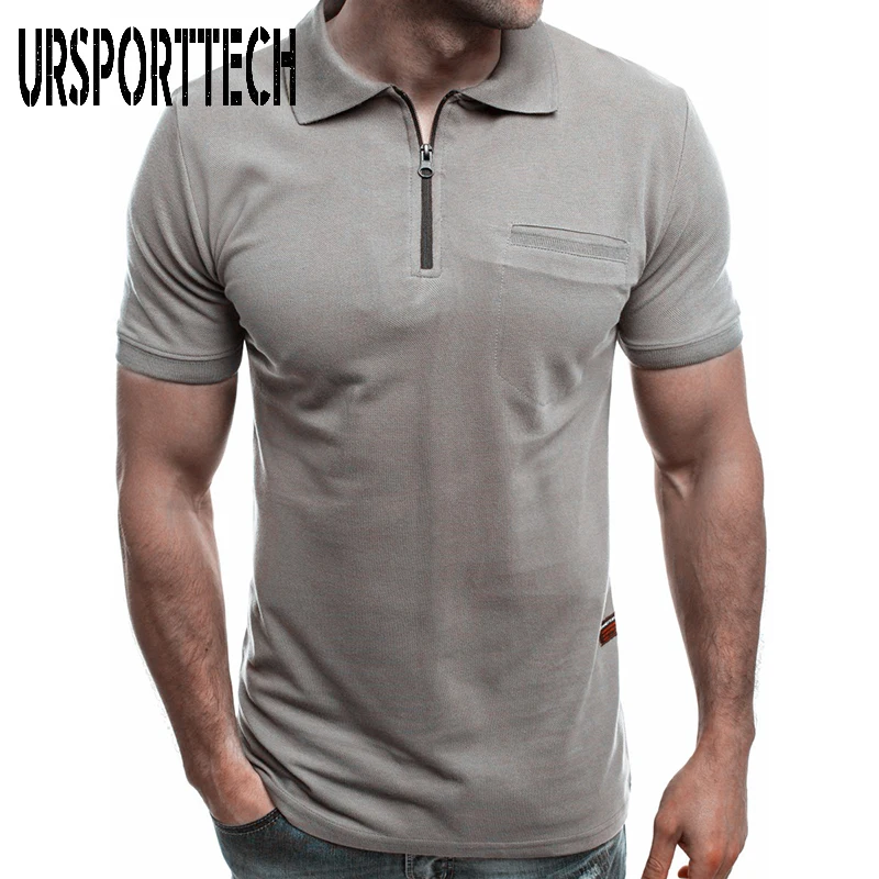 Летняя мужская рубашка поло на молнии Однотонная с отворотом и карманом