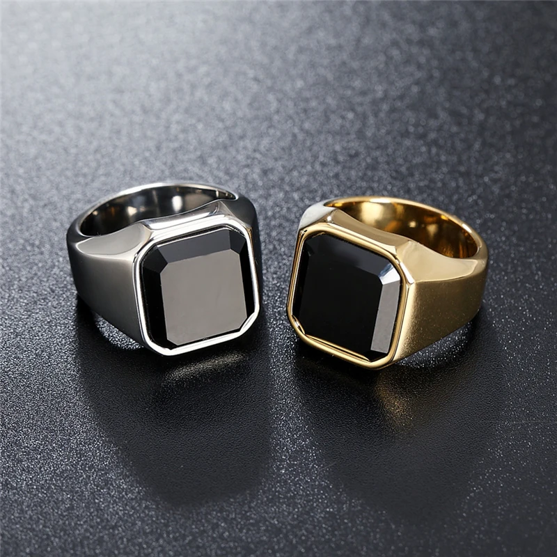 

High Quality Large Black Crystal Stone Rings for Women Minimalist Jewelry Punk Style Gold Color Stainless Steel Engagement Bands