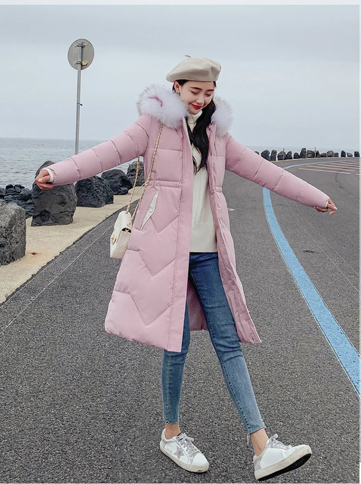 Pink Ins Winter New Women's Hooded Down Parka Long Jacket Casual Big Fur Zipper Full Sleeve Korean Style Thick Coat C90802K - Цвет: Pink