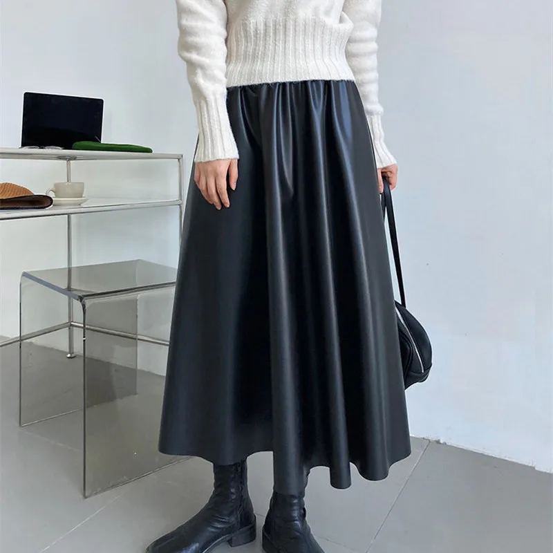 

Осенне-зимняя юбка из искусственной кожи, женские юбки, свободные юбки с высокой талией, женская элегантная кожаная трапециевидная юбка в К...