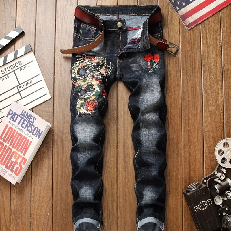 

Men's Jeans Streetwear White Distressed Celebrities with The Same High-end Personality Embroidery Cobra Slim Straight Trousers
