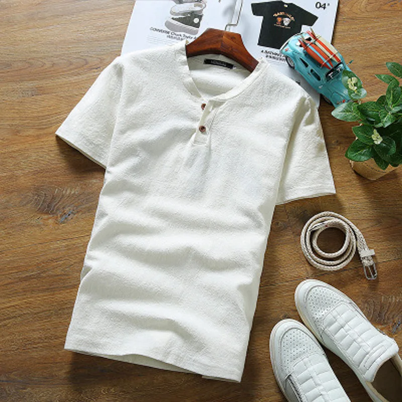 One t-shirt 1 Китайский стиль, летний мужской льняной костюм Тан, футболка с короткими рукавами и v-образным вырезом+ шорты, комплект одежды, дышащие восточные костюмы - Цвет: One t-shirt 1
