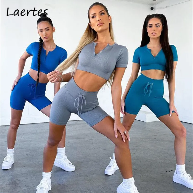 

Пикантный комплект Laertes из двух предметов, спортивная одежда с V-образным вырезом и коротким рукавом, укороченный топ синего цвета, 2021, повсе...