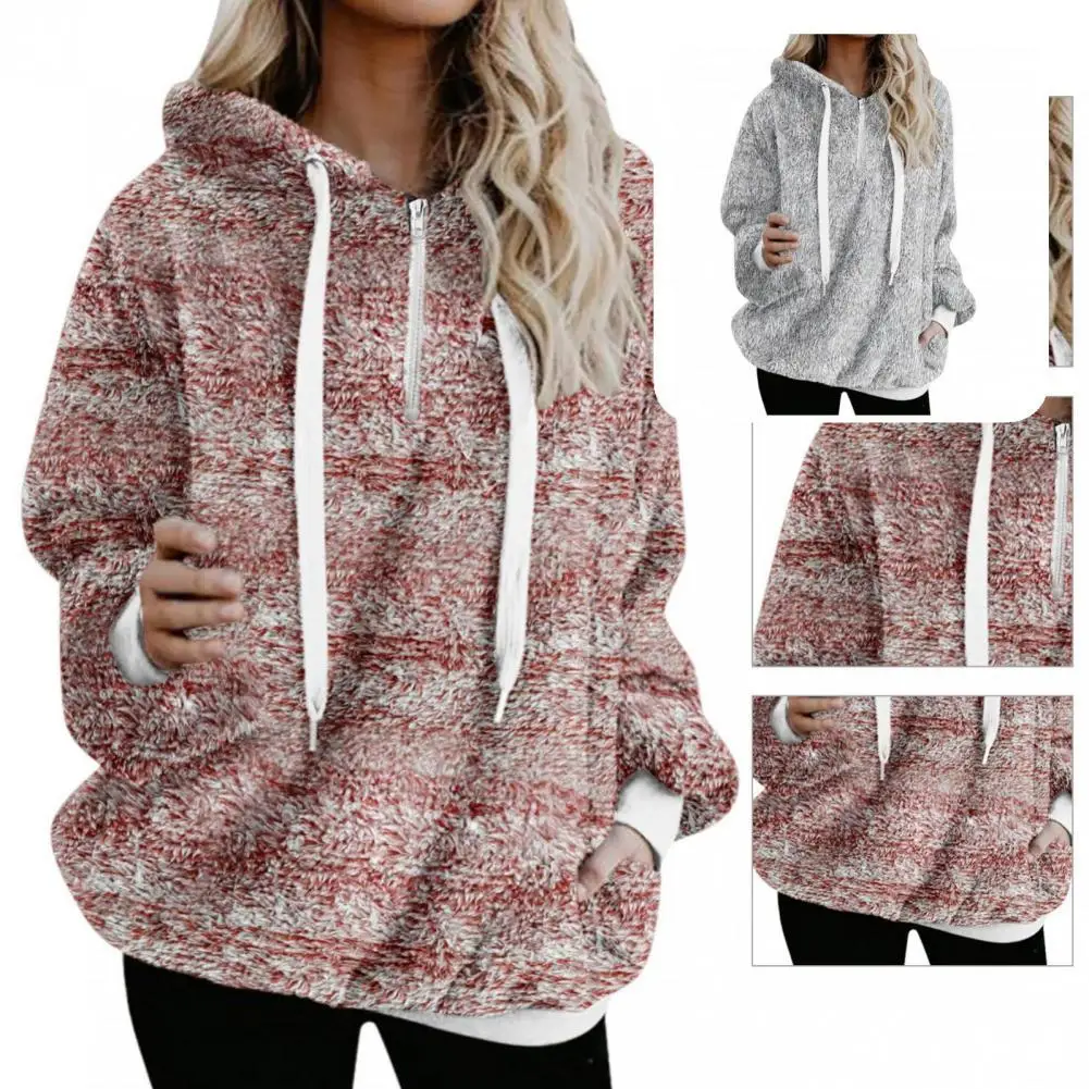 

Skin-friendly Chic Pockets Zipper Neck Pullover Hoodie All-Match Fluffy Hoodie Loose Fit Ladies Clothing