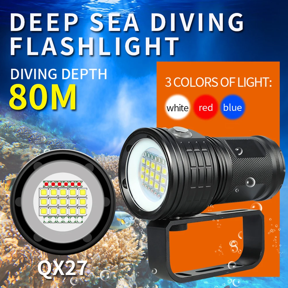 500W Diving Flashlight Photography Video Light Powerful LED Scuba Underwater LED Dive Torch Waterproof White Blue Red 18650 Lamp