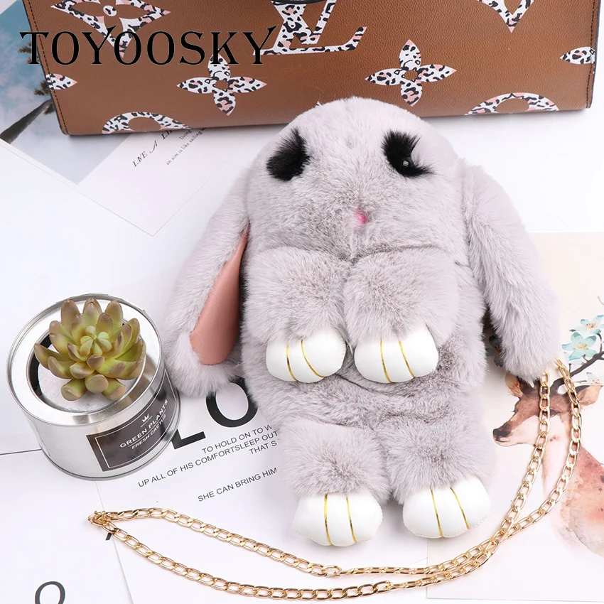 Милая пушистая сумка через плечо с кроликом TOYOOSKY меховая помпонами и цепочкой