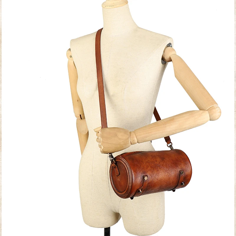 

FCTOSSR Women's Bag first layer cowhide cylinder mini one-shoulder diagonal bag niche leather cylindrical bucket bag