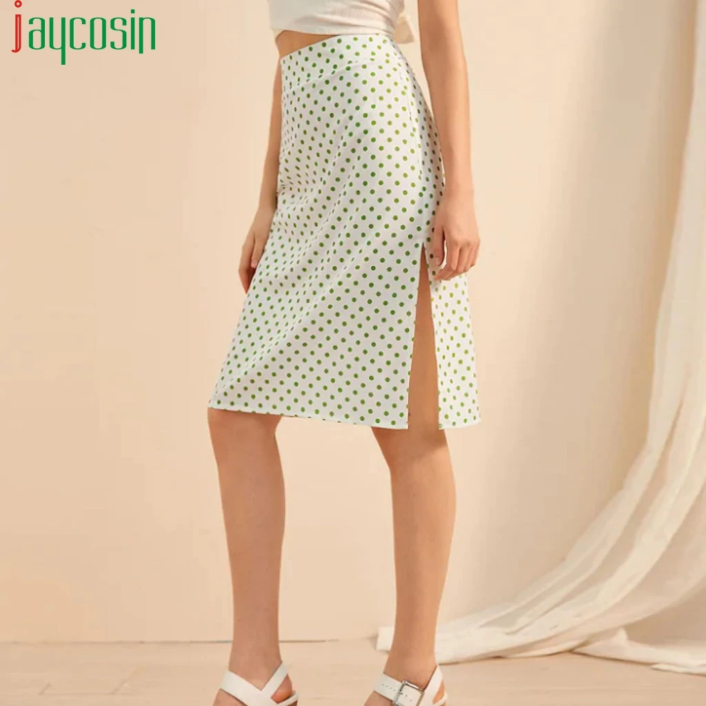 Женская элегантная юбка с разрезом свободная белая офисная в зеленый горошек