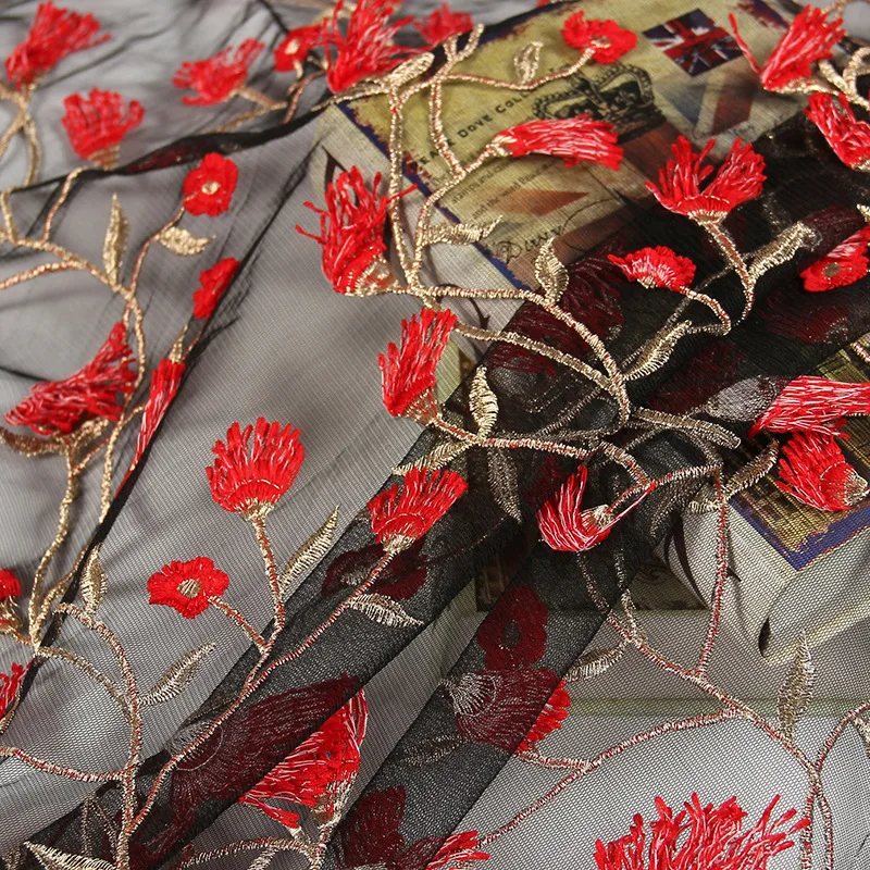 Кружева вышивка 3D жаккард красный цветок тюль ткань ширина 125 см для девочек юбка