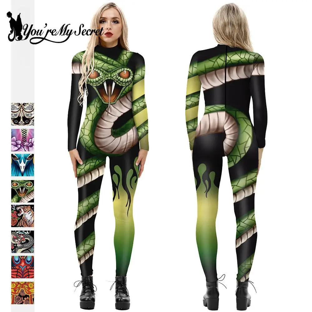 

[You're My Secret] Women Snake King Printed Bodysuits Scary Halloween Cosplay Costumes Catsuit Fancy Outfit Carnival Party Dress