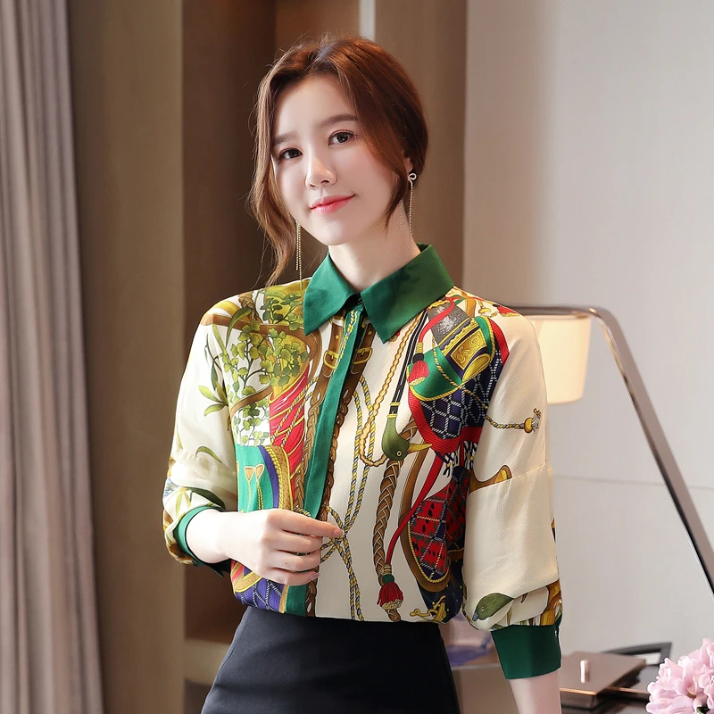 

Chiffon Women's Blouse Print Polo Girl's Shirt Fashion New Korean Loose Casual Plus Size Blusas Summer Long Sleeve Top Houthion