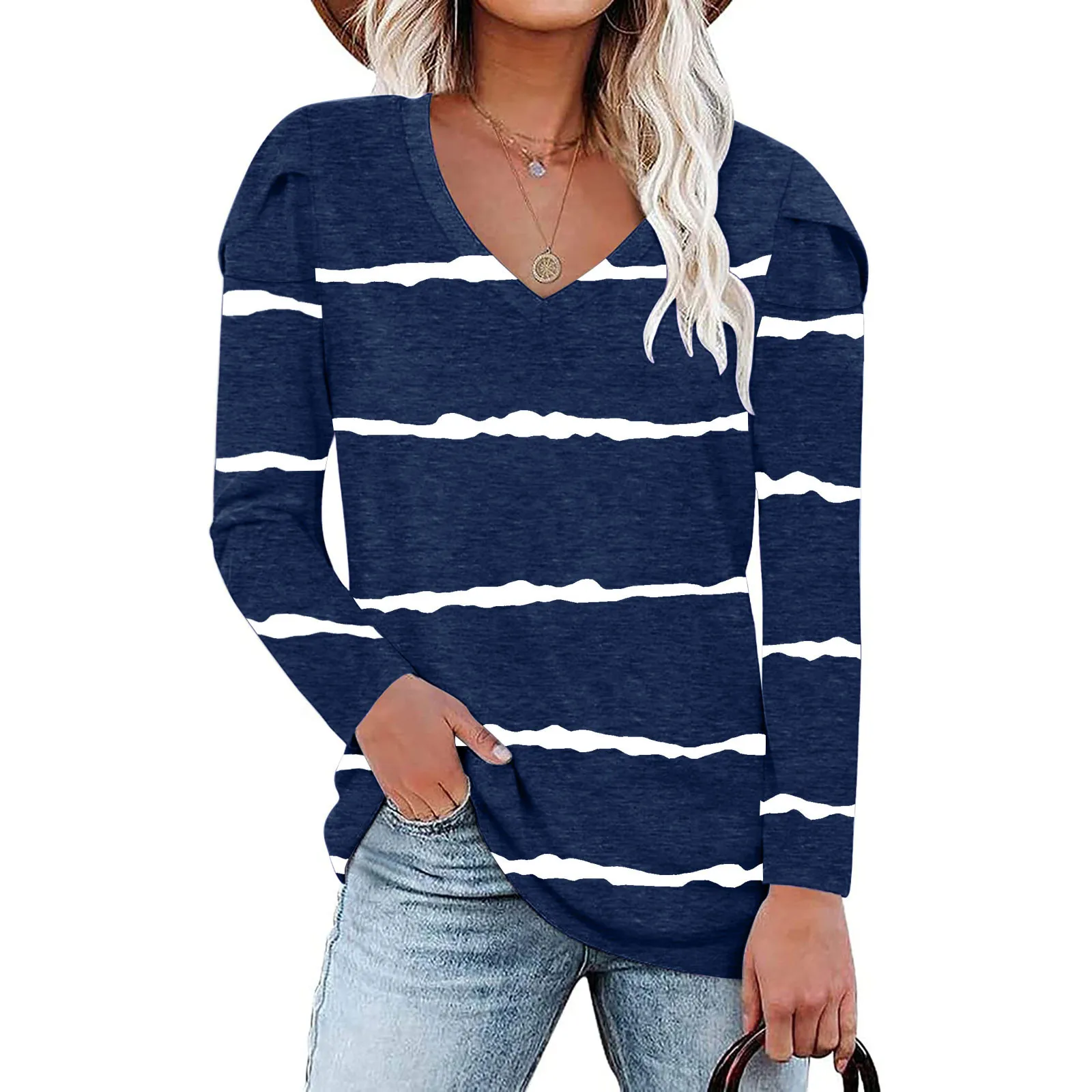 

Hot Selling Plus Size Womens Petal Sleeve Tops V Neck Blouses Autumn Casual Loose Solid Color Basic Tunic Tshirt Big Size